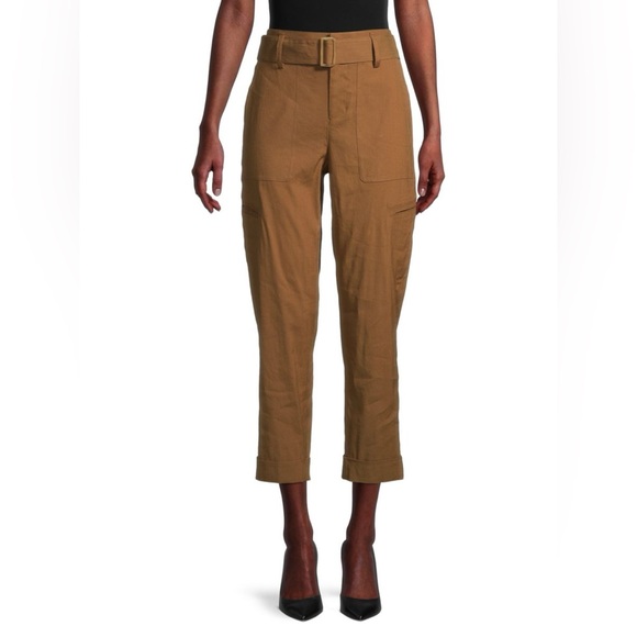 Vince Pants - Vince Women's Belted Linen-Blend Cropped Pants Tan Trousers size large
